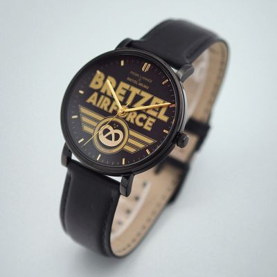 Montre Noire - Bretzel Air Force - Bracelet Cuir rembordé Noir