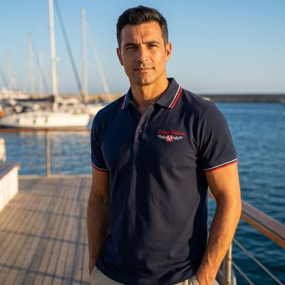 POLO Brodé Blason - Rayures Col Manche - bleu marine